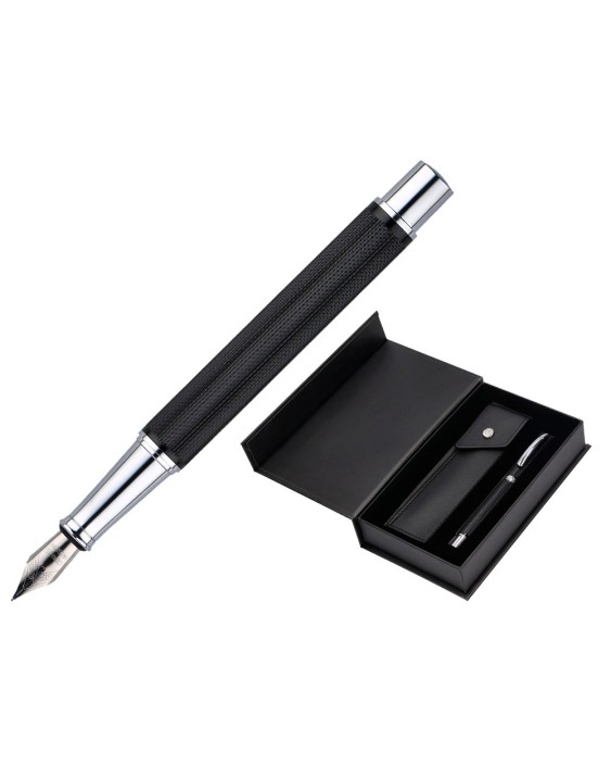 Pluma y estuche belius turbo aluminio textura punteada color negro y plateado tinta azul caja de diseño