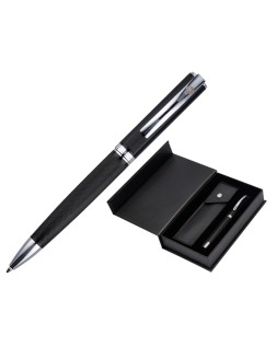 Boligrafo y estuche belius turbo aluminio textura punteada negro y plateado tinta azul caja de diseño
