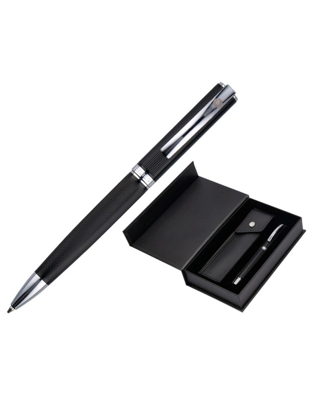 Boligrafo y estuche belius turbo aluminio textura punteada negro y plateado tinta azul caja de diseño