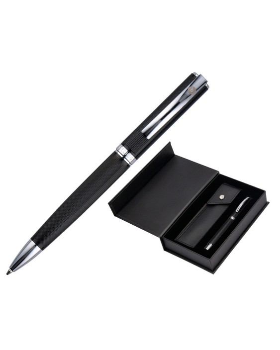 Boligrafo y estuche belius turbo aluminio textura punteada negro y plateado tinta azul caja de diseño