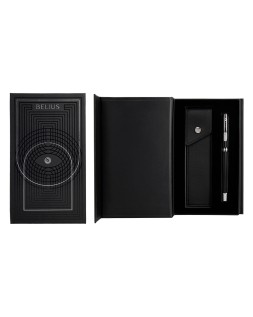 Boligrafo y estuche belius turbo aluminio textura punteada negro y plateado tinta azul caja de diseño