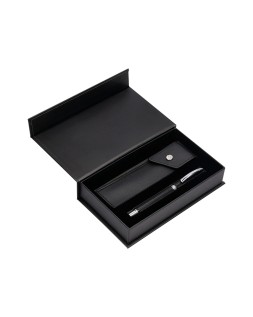 Boligrafo y estuche belius turbo aluminio textura punteada negro y plateado tinta azul caja de diseño