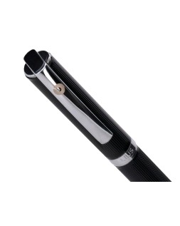 Boligrafo y estuche belius turbo aluminio textura punteada negro y plateado tinta azul caja de diseño