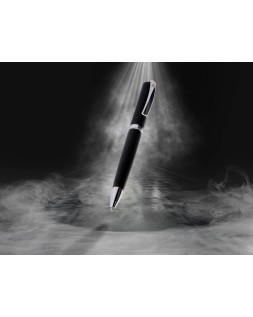 Boligrafo y estuche belius turbo aluminio textura punteada negro y plateado tinta azul caja de diseño