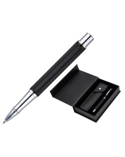 Roller y estuche belius turbo aluminio textura punteada negro plateado tinta azul caja de diseño