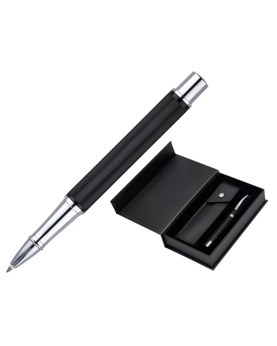Roller y estuche belius turbo aluminio textura punteada negro plateado tinta azul caja de diseño