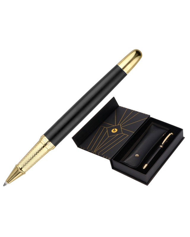 Boligrafo y estuche belius soiree color negro y dorado tinta azul caja de diseño