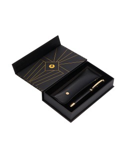 Boligrafo y estuche belius soiree color negro y dorado tinta azul caja de diseño