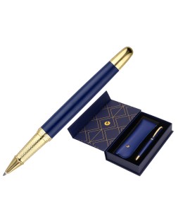 Boligrafo y estuche belius soiree color azul marino y dorado tinta azul caja de diseño