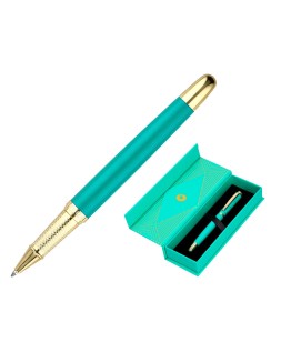 Boligrafo belius soiree aluminio color art deco turquesa y dorado tinta azul caja de diseño