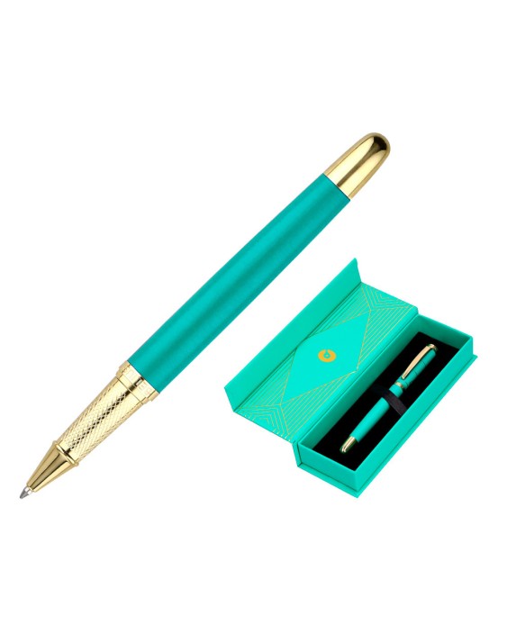 Boligrafo belius soiree aluminio color art deco turquesa y dorado tinta azul caja de diseño