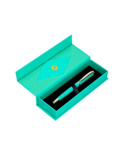 Boligrafo belius soiree aluminio color art deco turquesa y dorado tinta azul caja de diseño