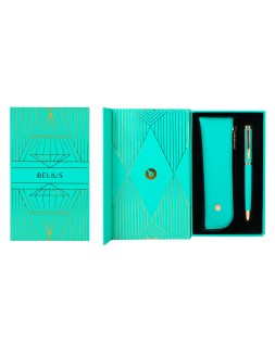 Boligrafo y estuche belius soiree color art deco turquesa y dorado tinta azul caja de diseño