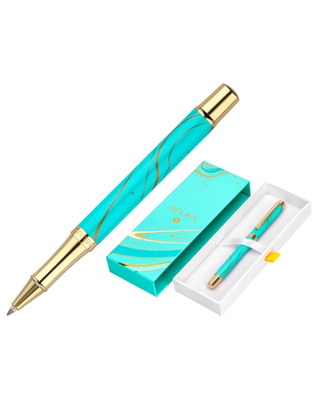 Roller belius aqua aluminio color turquesa y dorado tinta negra caja de diseño