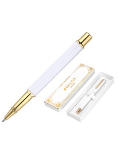 Boligrafo belius macaron bliss forma hexagonal color blanco y dorado tinta azul caja de diseño