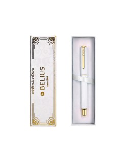 Boligrafo belius macaron bliss forma hexagonal color blanco y dorado tinta azul caja de diseño