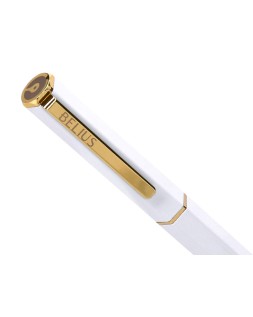 Boligrafo belius macaron bliss forma hexagonal color blanco y dorado tinta azul caja de diseño