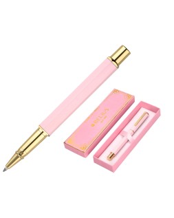 Boligrafo belius macaron bliss forma hexagonal color rosa y dorado tinta azul caja de diseño