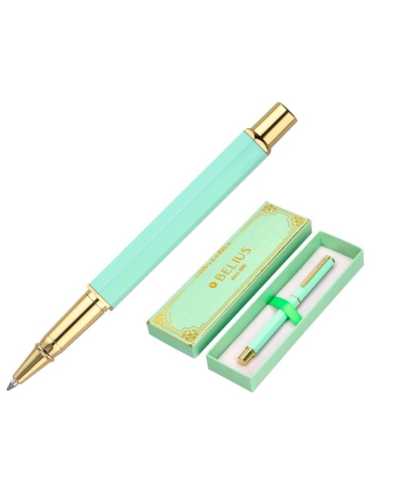 Boligrafo belius macaron bliss forma hexagonal color verde dorado tinta azul caja de diseño