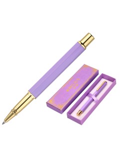 Boligrafo belius macaron bliss forma hexagonal color morado y dorado tinta azul caja de diseño