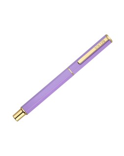 Boligrafo belius macaron bliss forma hexagonal color morado y dorado tinta azul caja de diseño