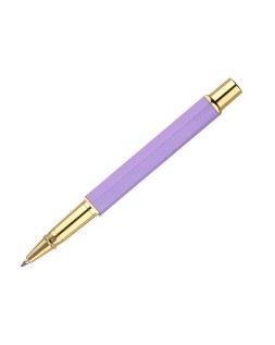 Boligrafo belius macaron bliss forma hexagonal color morado y dorado tinta azul caja de diseño