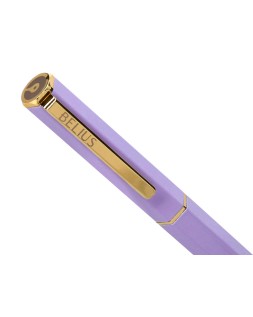 Boligrafo belius macaron bliss forma hexagonal color morado y dorado tinta azul caja de diseño