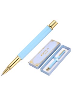 Boligrafo belius macaron bliss forma hexagonal color celeste y dorado tinta azul caja de diseño