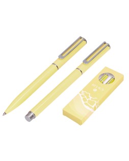 Juego boligrafo y roller belius endless summer aluminio color amarillo y plateado tinta azul caja de diseño