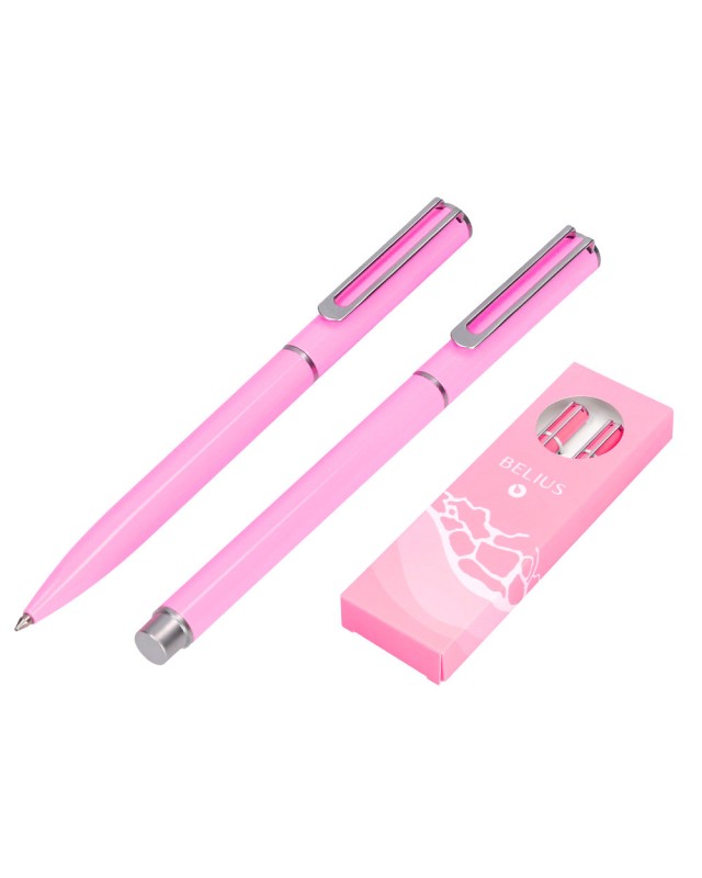 Juego boligrafo y roller belius endless summer aluminio color rosa y plateado tinta azul caja de diseño