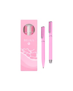 Juego boligrafo y roller belius endless summer aluminio color rosa y plateado tinta azul caja de diseño