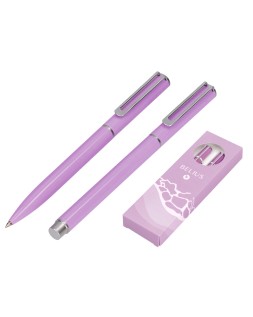 Juego boligrafo y roller belius endless summer aluminio color morado y plateado tinta azul caja de diseño