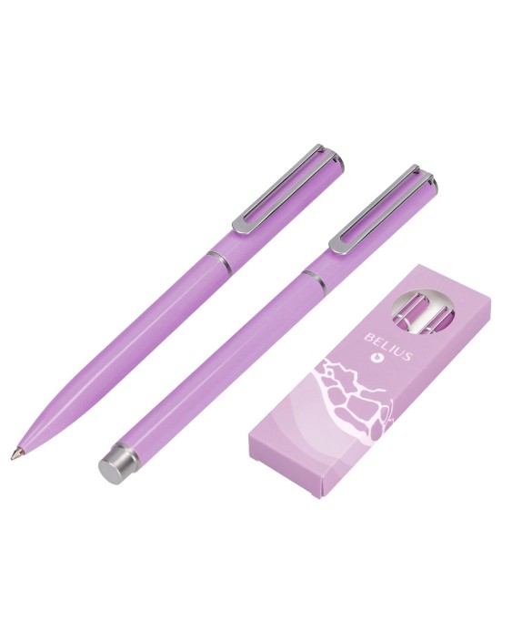 Juego boligrafo y roller belius endless summer aluminio color morado y plateado tinta azul caja de diseño