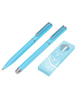 Juego boligrafo y roller belius endless summer aluminio color celeste y plateado tinta azul caja de diseño