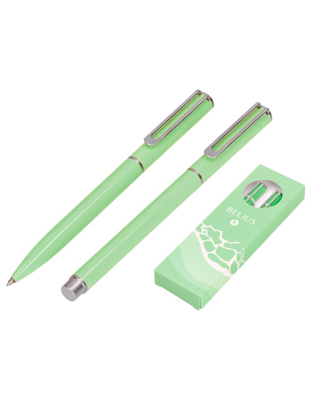 Juego boligrafo y roller belius endless summer aluminio color verde y plateado tinta azul caja de diseño