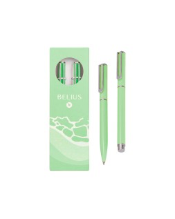 Juego boligrafo y roller belius endless summer aluminio color verde y plateado tinta azul caja de diseño