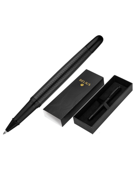 Boligrafo belius neptuno aluminio textura wavy color negro tinta azul caja de diseño