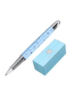 Roller belius bella aluminio color azul celeste diseño plateado relieve tinta color negro caja de diseño
