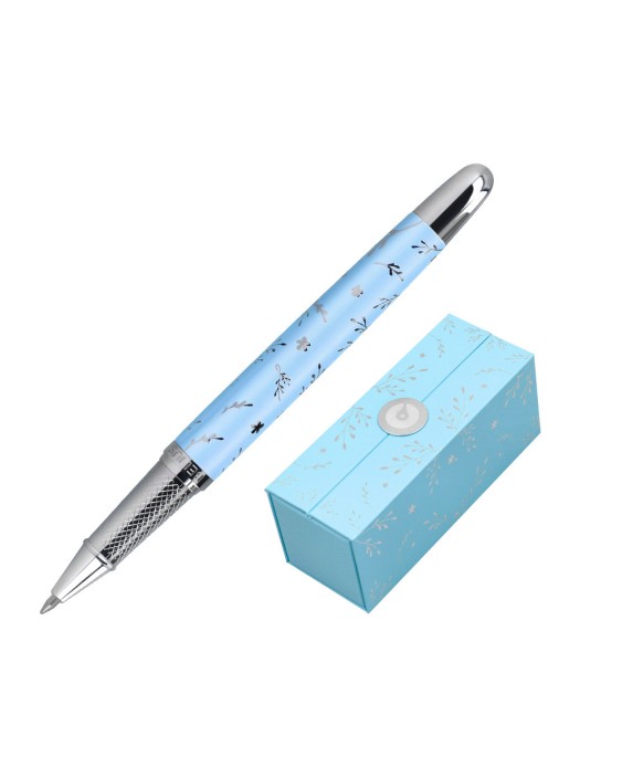 Roller belius bella aluminio color azul celeste diseño plateado relieve tinta color negro caja de diseño