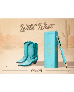 Boligrafo belius wild west aluminio color turquesa dorado tinta color azul caja de diseño