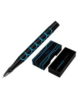 Boligrafo belius legacy aluminio diseño circulos azul cuerpo negro tinta color azul caja de diseño