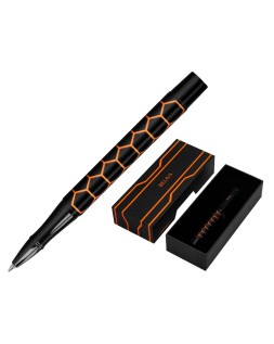 Boligrafo belius legacy aluminio diseño hexagono naranja cuerpo negro tinta color azul caja de diseño