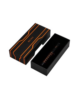 Boligrafo belius legacy aluminio diseño hexagono naranja cuerpo negro tinta color azul caja de diseño