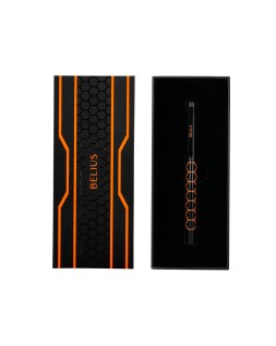 Boligrafo belius legacy aluminio diseño hexagono naranja cuerpo negro tinta color azul caja de diseño