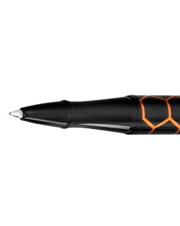 Boligrafo belius legacy aluminio diseño hexagono naranja cuerpo negro tinta color azul caja de diseño