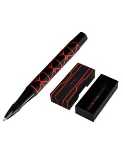 Boligrafo belius legacy aluminio diseño triangulo rojo cuerpo negro tinta color azul caja de diseño