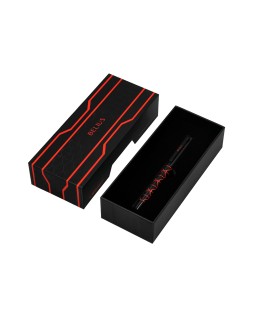 Boligrafo belius legacy aluminio diseño triangulo rojo cuerpo negro tinta color azul caja de diseño