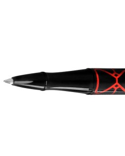 Boligrafo belius legacy aluminio diseño triangulo rojo cuerpo negro tinta color azul caja de diseño