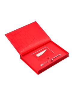 Boligrafo y wallet belius cocktails bloody mary aluminiorojo plateado relieve tinta color azul caja de diseño