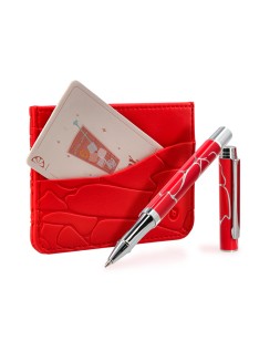 Boligrafo y wallet belius cocktails bloody mary aluminiorojo plateado relieve tinta color azul caja de diseño